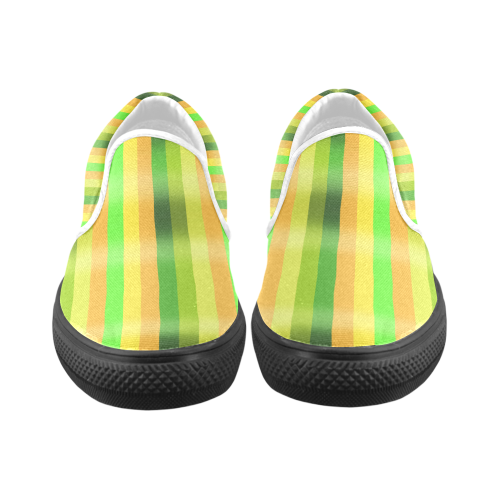 Green Orange Yellow Stripes Design Women's Unusual Slip-on Canvas Shoes (Model 019)