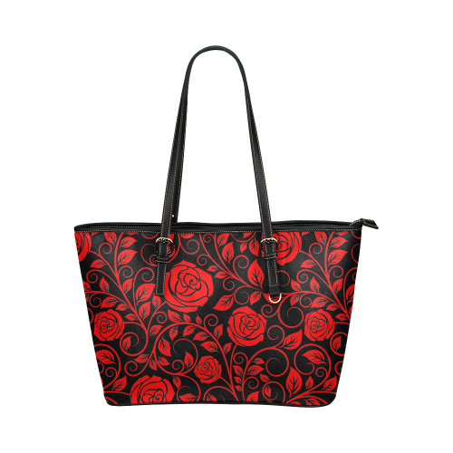 Red floral roses with scrolls and leaves on midnight black background Leather Tote Bag/Large (Model 1651)