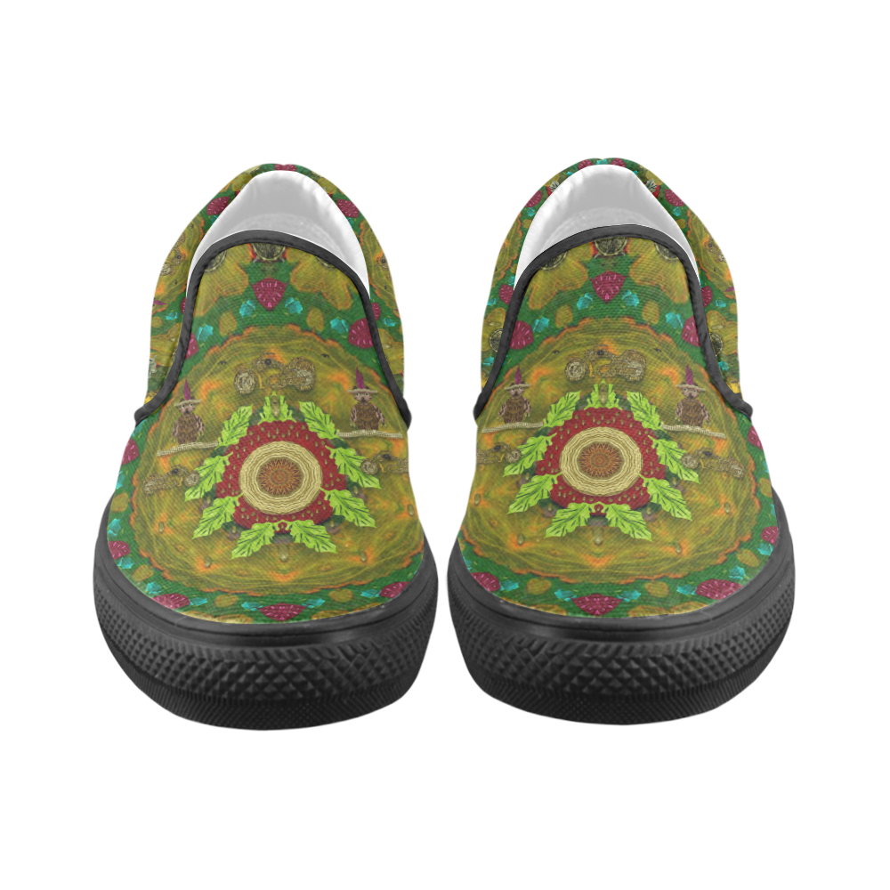 Panda Bears with motorcycles in the mandala forest Men's Unusual Slip-on Canvas Shoes (Model 019)