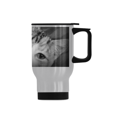 "Classic Cat in Black and White" silver travel mug Travel Mug (Silver) (14 Oz)