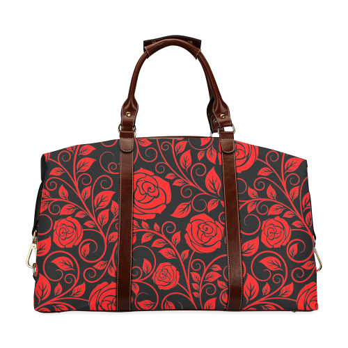 Red floral roses with scrolls and leaves on midnight black background Classic Travel Bag (Model 1643)