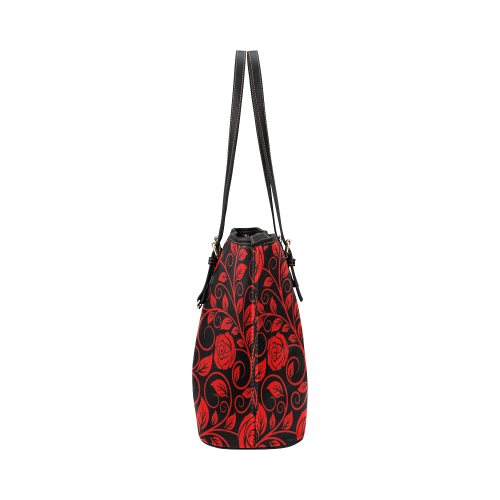 Red floral roses with scrolls and leaves on midnight black background Leather Tote Bag/Large (Model 1651)