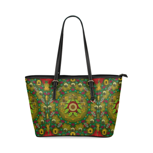 Panda Bears with motorcycles in the mandala forest Leather Tote Bag/Large (Model 1640)