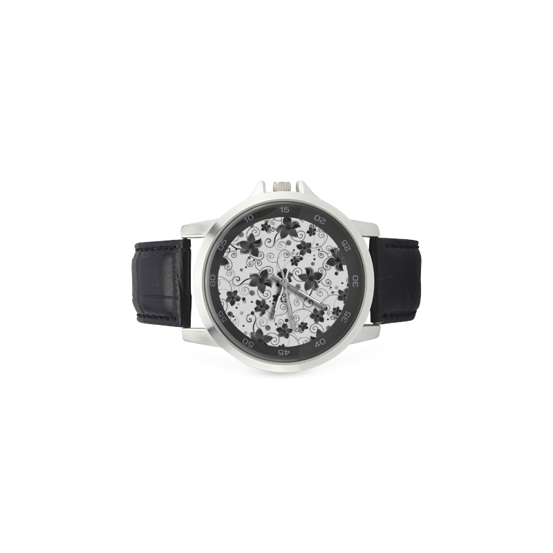 A elegant black white Flower dream Unisex Stainless Steel Leather Strap Watch(Model 202)