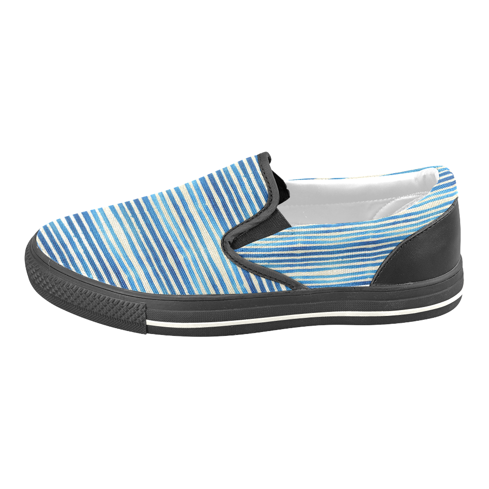 Watercolor STRIPES grunge pattern - blue Women's Unusual Slip-on Canvas Shoes (Model 019)