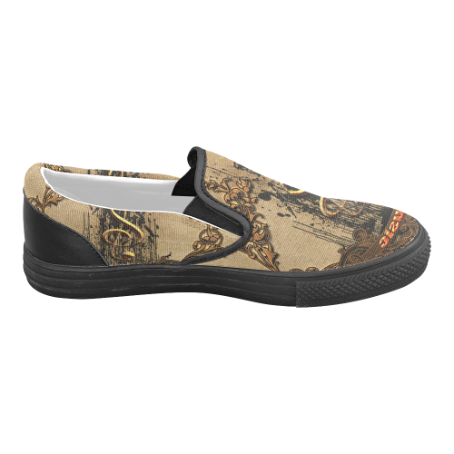 Music, clef with floral elements in rusty metal Women's Unusual Slip-on Canvas Shoes (Model 019)