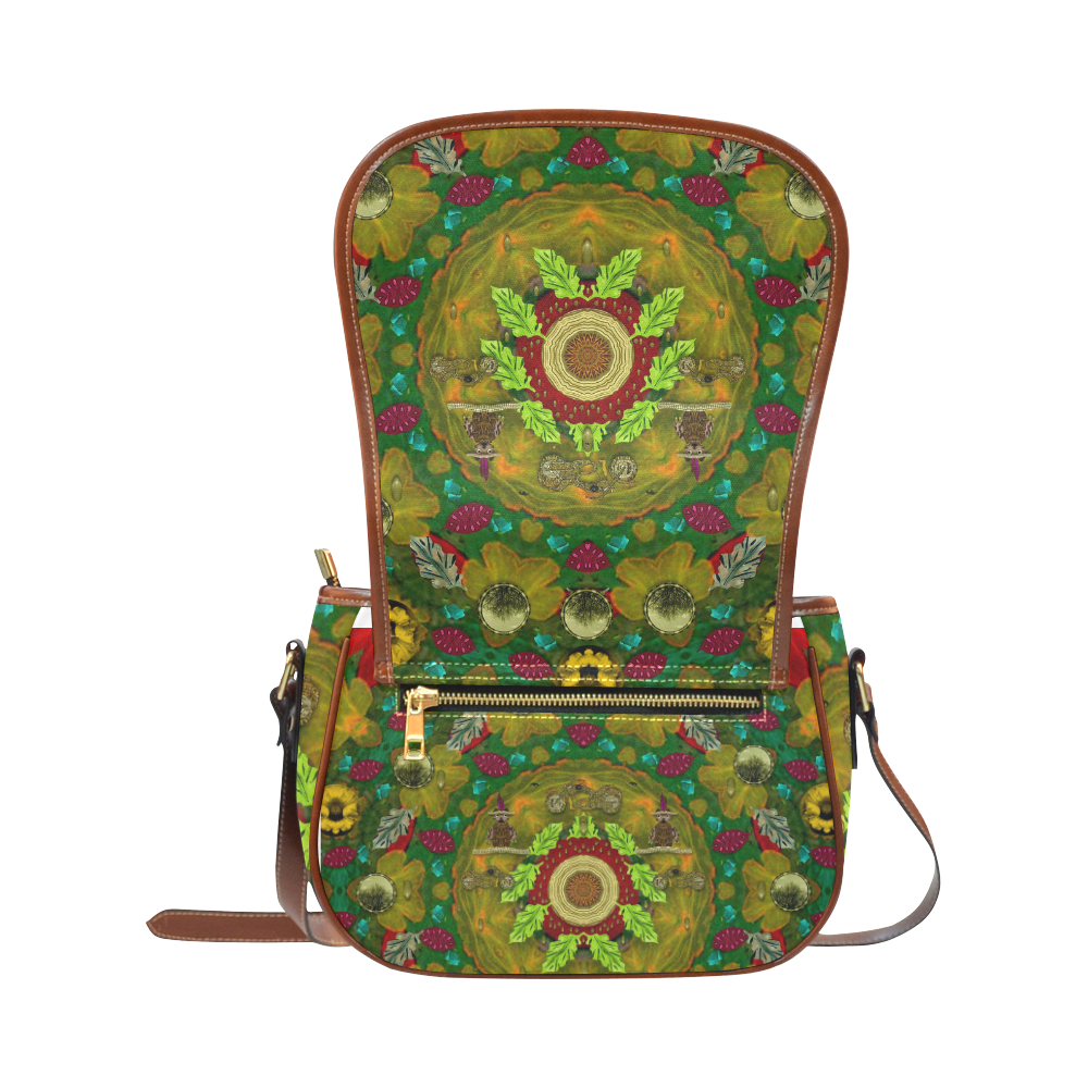 Panda Bears with motorcycles in the mandala forest Saddle Bag/Small (Model 1649) Full Customization