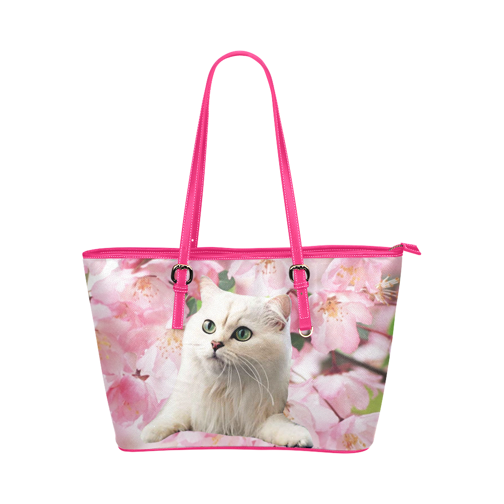Cat and Flowers Leather Tote Bag/Large (Model 1651)