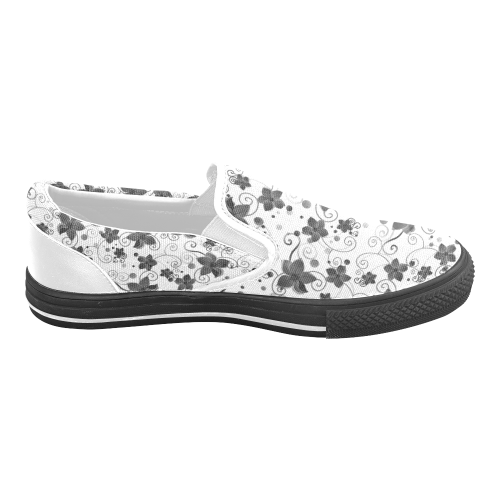 A elegant black white Flower dream Men's Slip-on Canvas Shoes (Model 019)