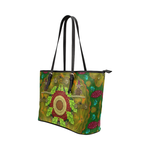 Panda Bears with motorcycles in the mandala forest Leather Tote Bag/Large (Model 1651)