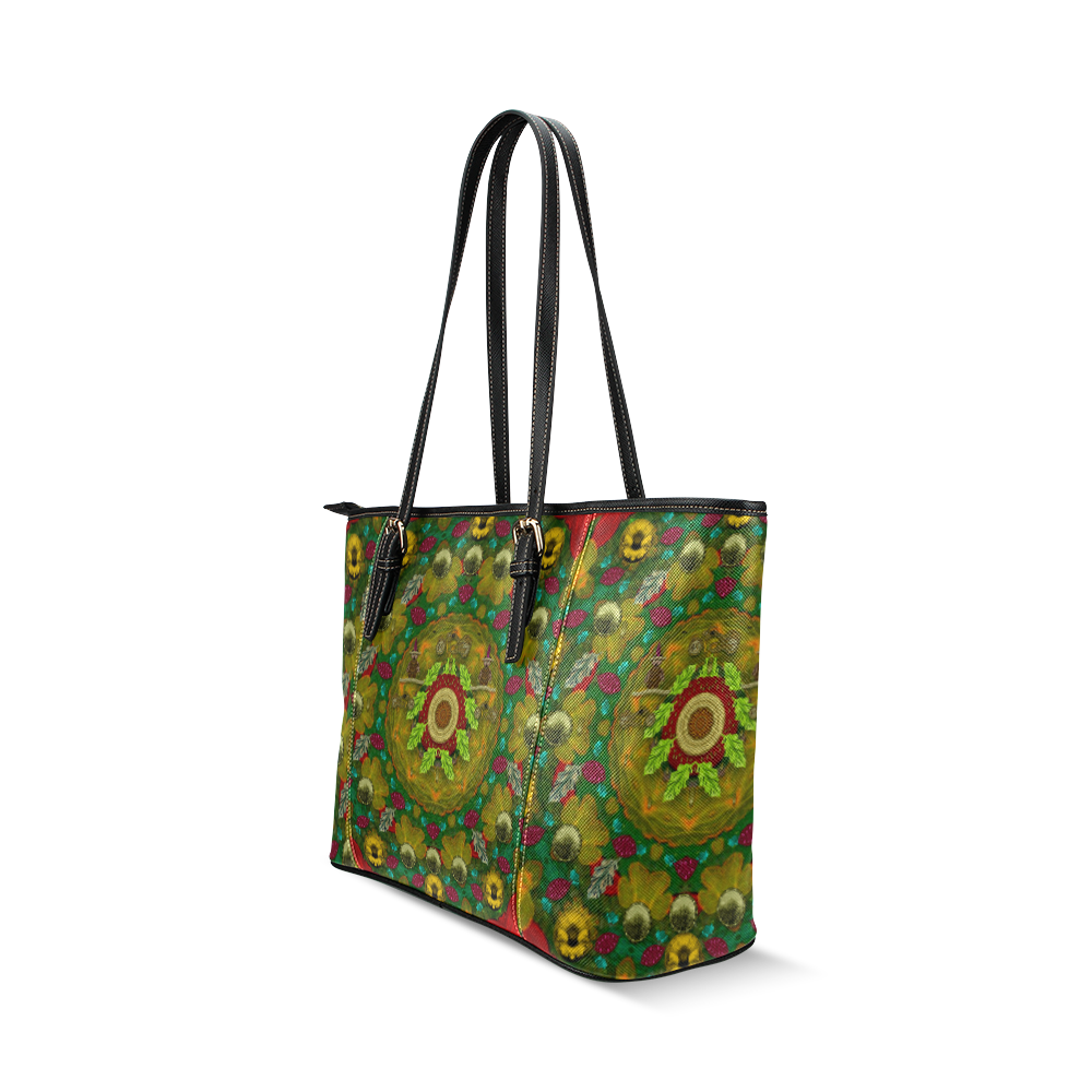 Panda Bears with motorcycles in the mandala forest Leather Tote Bag/Large (Model 1640)