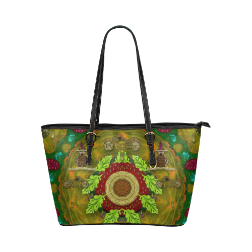Panda Bears with motorcycles in the mandala forest Leather Tote Bag/Large (Model 1651)