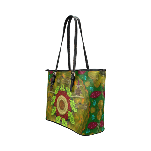 Panda Bears with motorcycles in the mandala forest Leather Tote Bag/Large (Model 1651)