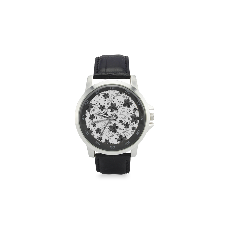 A elegant black white Flower dream Unisex Stainless Steel Leather Strap Watch(Model 202)