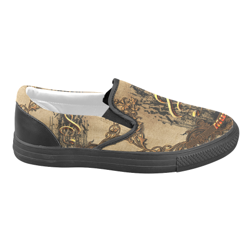 Music, clef with floral elements in rusty metal Women's Unusual Slip-on Canvas Shoes (Model 019)