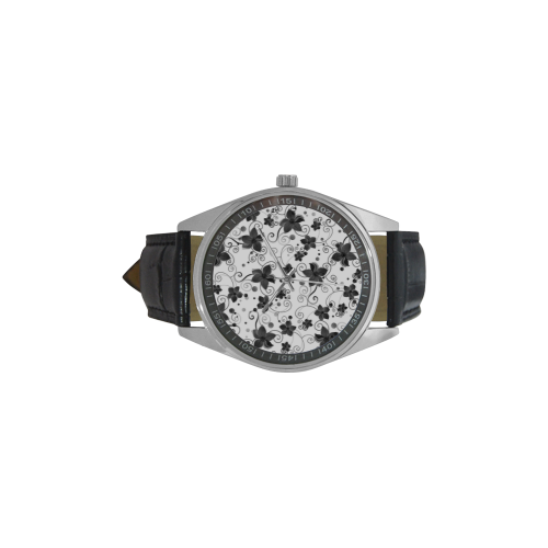 A elegant black white Flower dream Men's Casual Leather Strap Watch(Model 211)