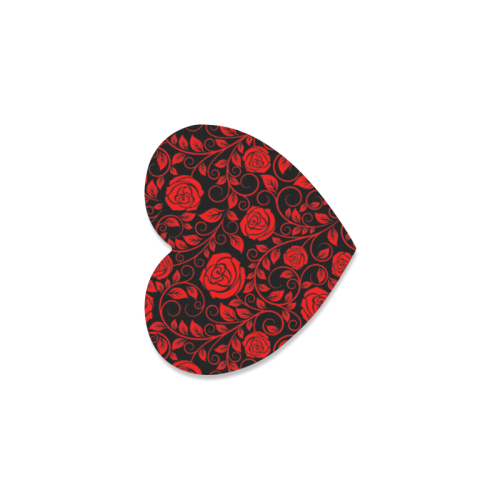 Red floral roses with scrolls and leaves on midnight black background Heart Coaster