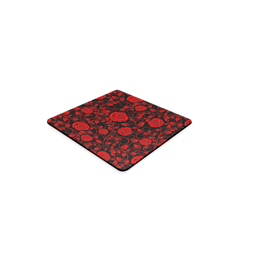 Red floral roses with scrolls and leaves on midnight black background Square Coaster