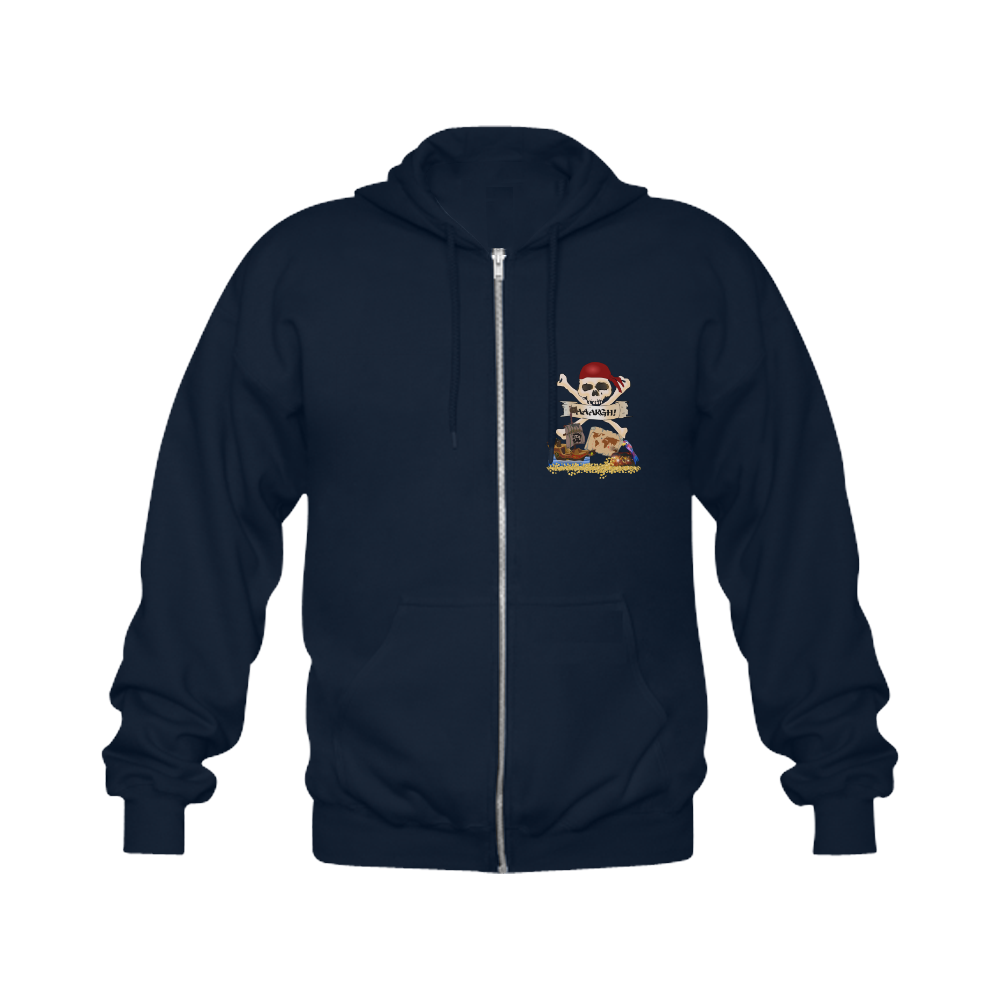 Pirate Ship, Treasure Chest and Jolly Roger Gildan Full Zip Hooded Sweatshirt (Model H02)