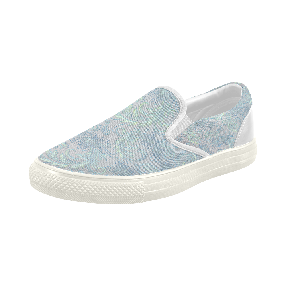 Elegant vintage floral damasks in  blue and green Women's Slip-on Canvas Shoes (Model 019)