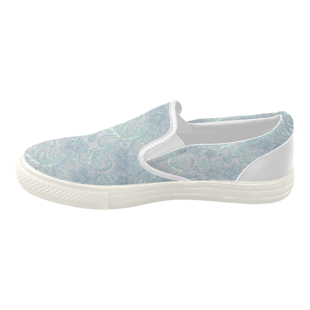 Elegant vintage floral damasks in  blue and green Women's Slip-on Canvas Shoes (Model 019)