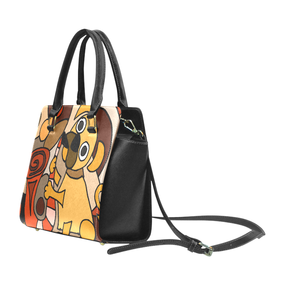 Funny Pug Dog Playing Saxophone Abstract Art Rivet Shoulder Handbag (Model 1645)
