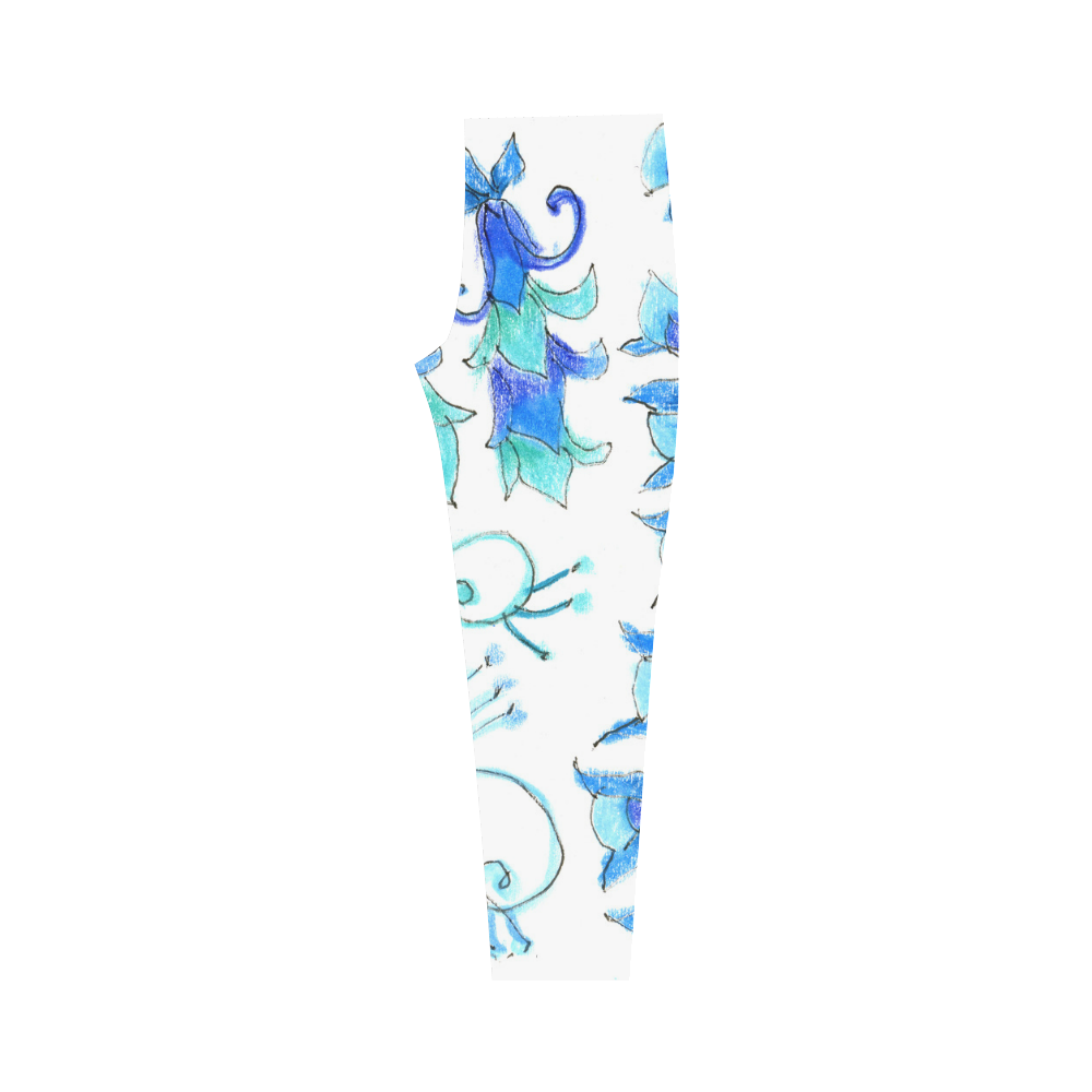 Dancing Aqua Blue Vines, Flowers Zendoodle Garden Capri Legging (Model L02)
