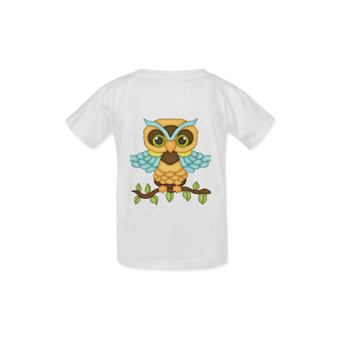 Little boy owl sitting on a branch with wings spread wide and blue wings and big green eyes Kid's  Classic T-shirt (Model T22)