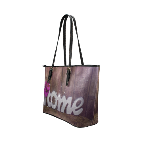 Home sweet Home with purple flowers and sparkle Leather Tote Bag/Small (Model 1651)