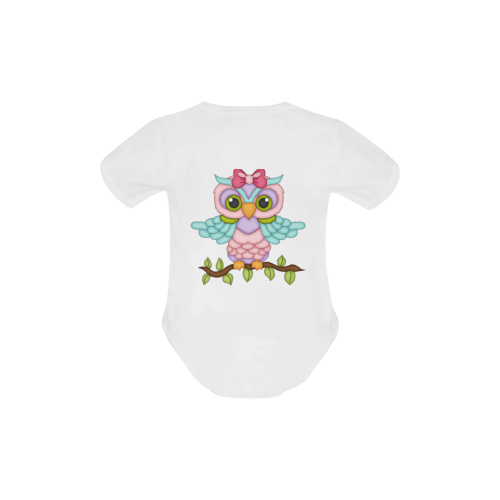 Little girl owl sitting on a branch with wings spread wide and blue wings with pink bow Baby Powder Organic Short Sleeve One Piece (Model T28)