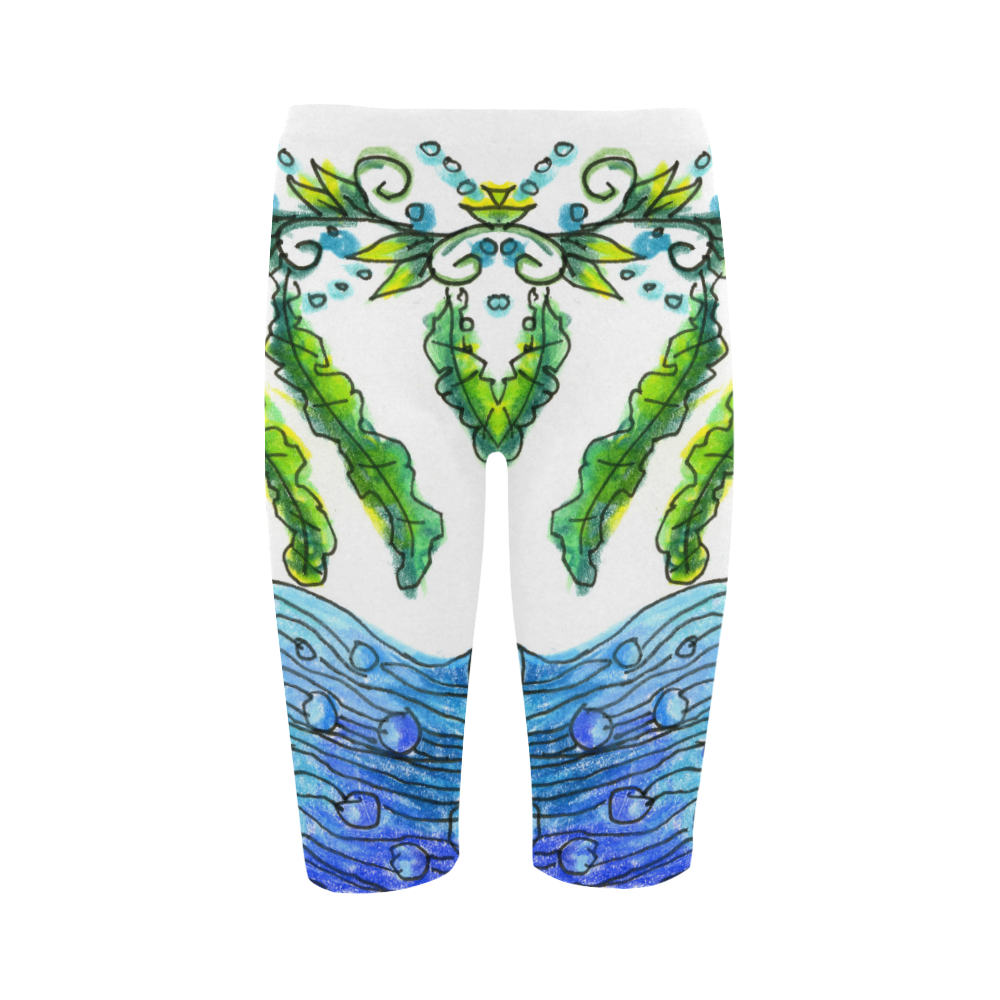 Abstract Blue Green Flowers Vines River Zendoodle Hestia Cropped Leggings (Model L03)