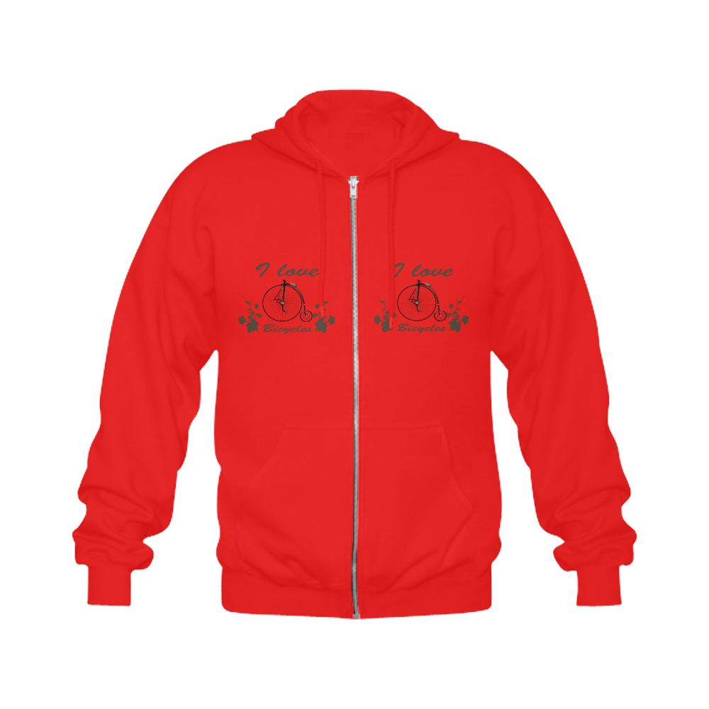 I Love Bicycle Gildan Full Zip Hooded Sweatshirt (Model H02)