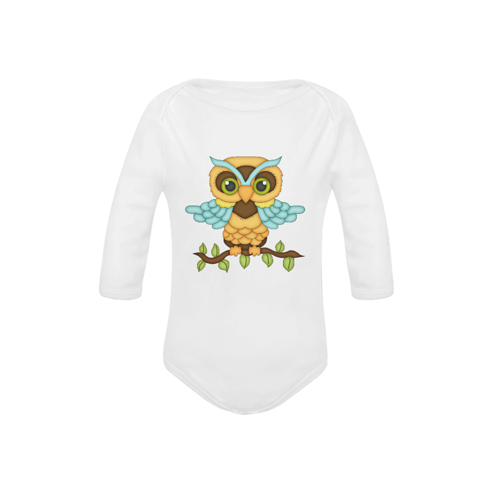 Little boy owl sitting on a branch with wings spread wide and blue wings and big green eyes Baby Powder Organic Long Sleeve One Piece (Model T27)
