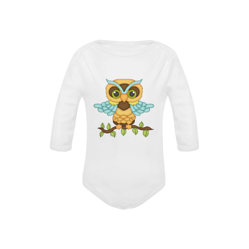 Little boy owl sitting on a branch with wings spread wide and blue wings and big green eyes Baby Powder Organic Long Sleeve One Piece (Model T27)