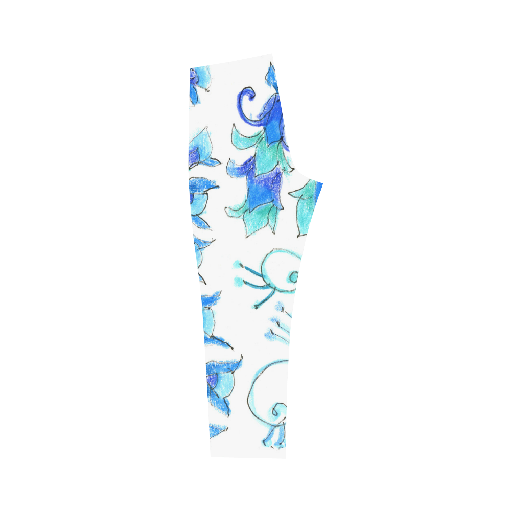 Dancing Aqua Blue Vines, Flowers Zendoodle Garden Capri Legging (Model L02)