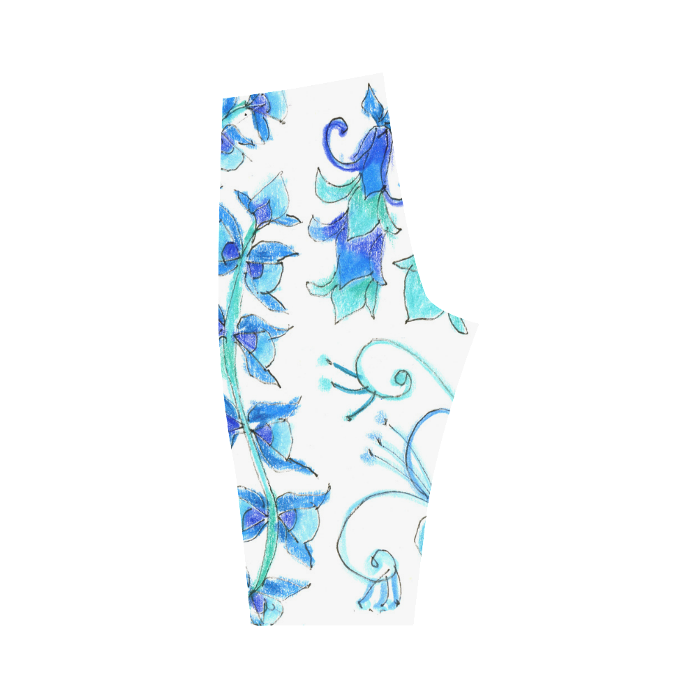 Dancing Aqua Blue Vines, Flowers Zendoodle Garden Hestia Cropped Leggings (Model L03)