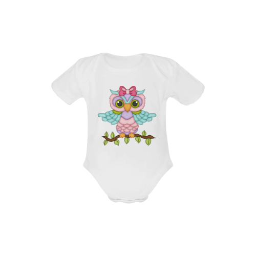 Little girl owl sitting on a branch with wings spread wide and blue wings with pink bow Baby Powder Organic Short Sleeve One Piece (Model T28)