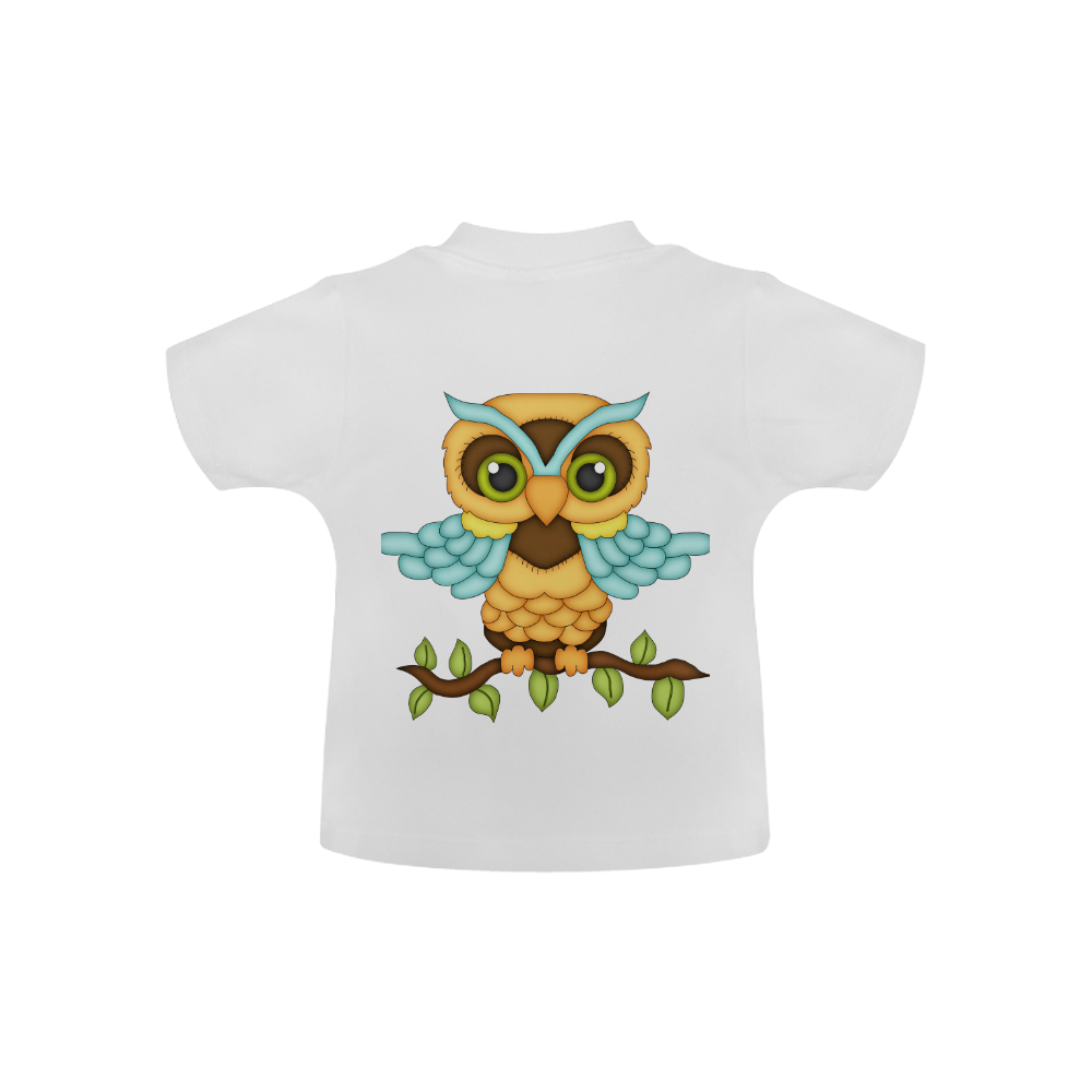 Little boy owl sitting on a branch with wings spread wide and blue wings and big green eyes Baby Classic T-Shirt (Model T30)