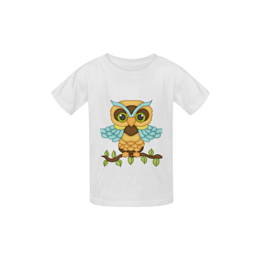 Little boy owl sitting on a branch with wings spread wide and blue wings and big green eyes Kid's  Classic T-shirt (Model T22)
