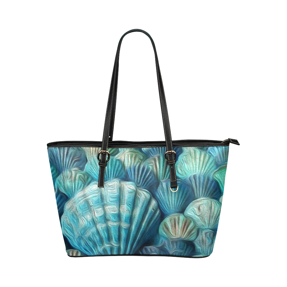 Painted blue and green seashells Leather Tote Bag/Small (Model 1651 ...