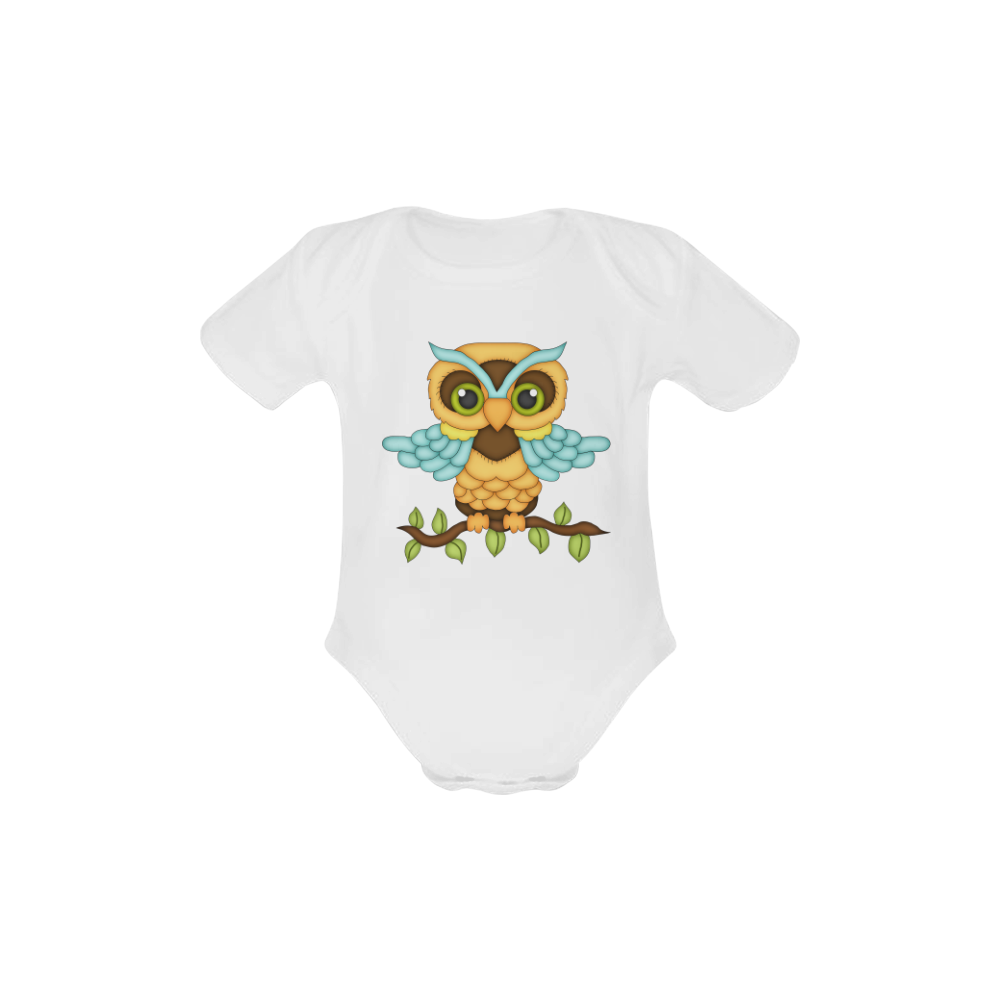 Little boy owl sitting on a branch with wings spread wide and blue wings and big green eyes Baby Powder Organic Short Sleeve One Piece (Model T28)