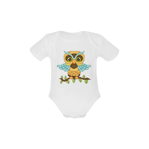 Little boy owl sitting on a branch with wings spread wide and blue wings and big green eyes Baby Powder Organic Short Sleeve One Piece (Model T28)