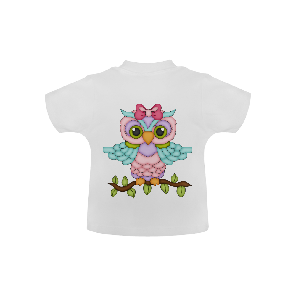 Little girl owl sitting on a branch with wings spread wide and blue wings with pink bow Baby Classic T-Shirt (Model T30)