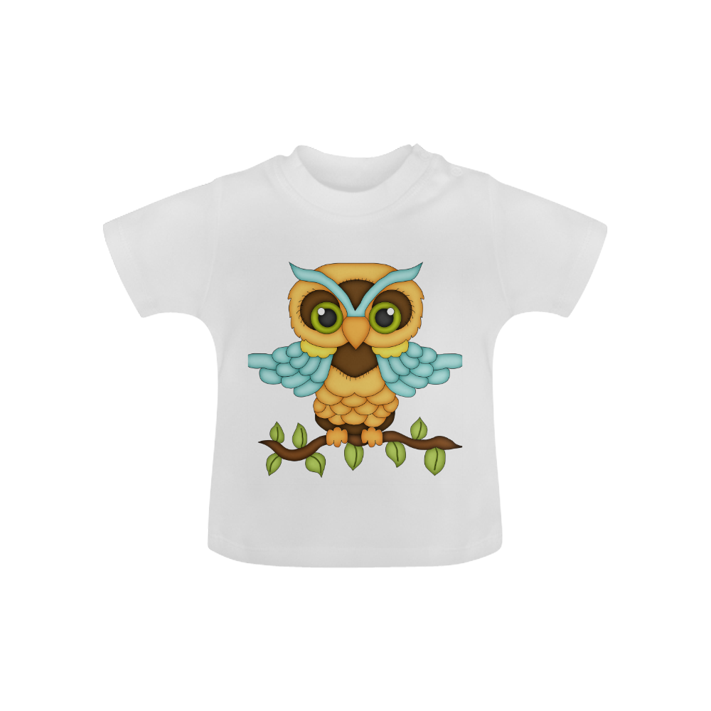 Little boy owl sitting on a branch with wings spread wide and blue wings and big green eyes Baby Classic T-Shirt (Model T30)