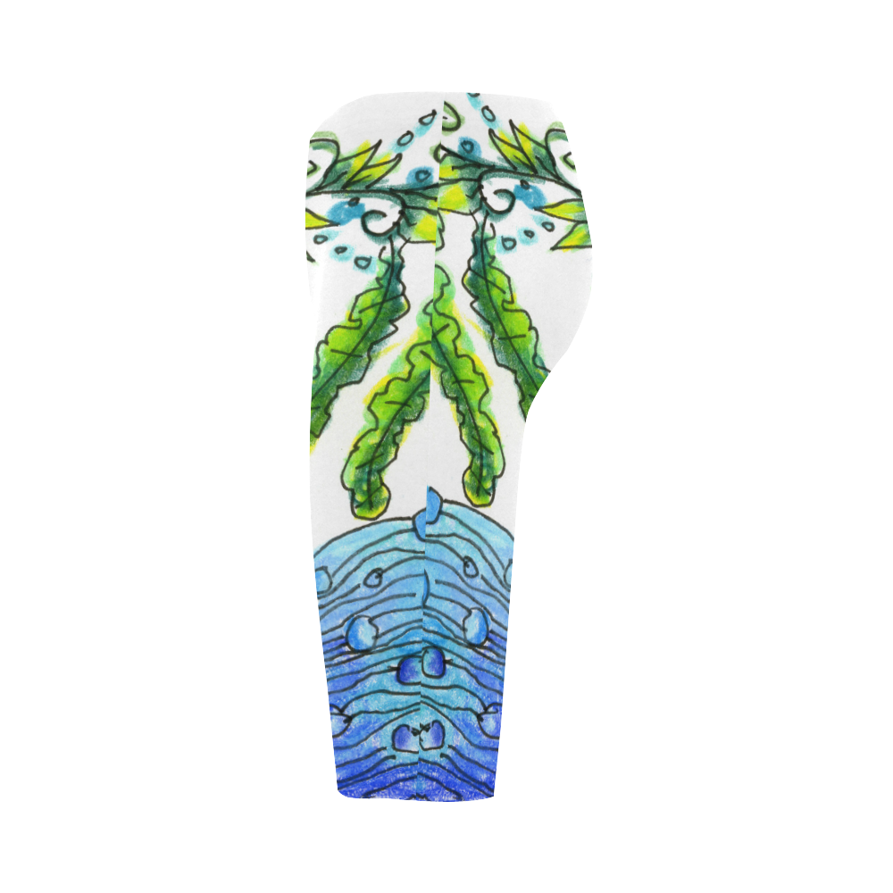 Abstract Blue Green Flowers Vines River Zendoodle Hestia Cropped Leggings (Model L03)
