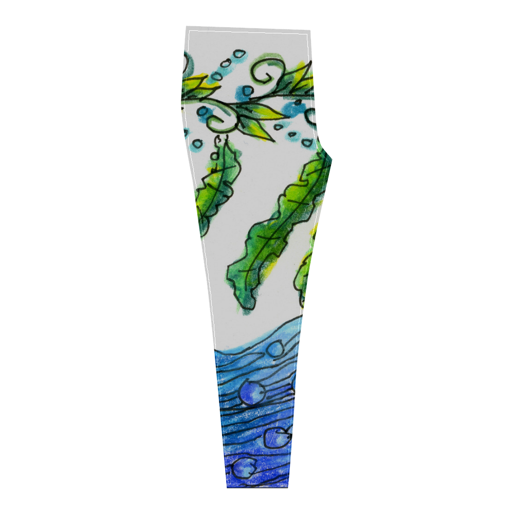 Abstract Blue Green Flowers Vines River Zendoodle Cassandra Women's Leggings (Model L01)