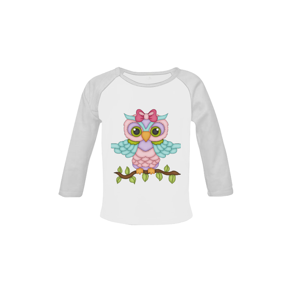 Little girl owl sitting on a branch with wings spread wide and blue