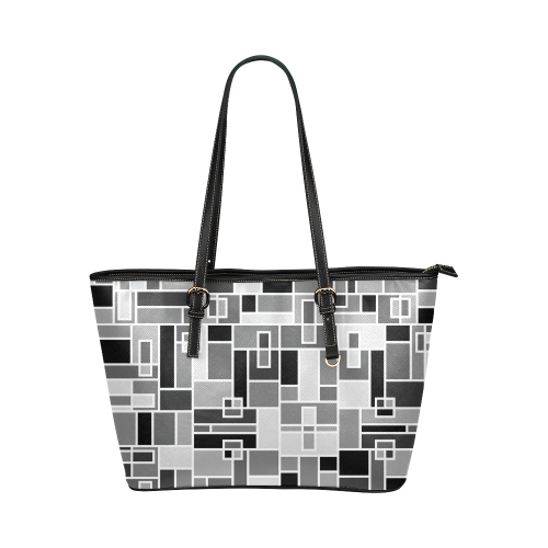 Monochrome Geometric Blocks by ArtformDesigns Leather Tote Bag/Large (Model 1651)