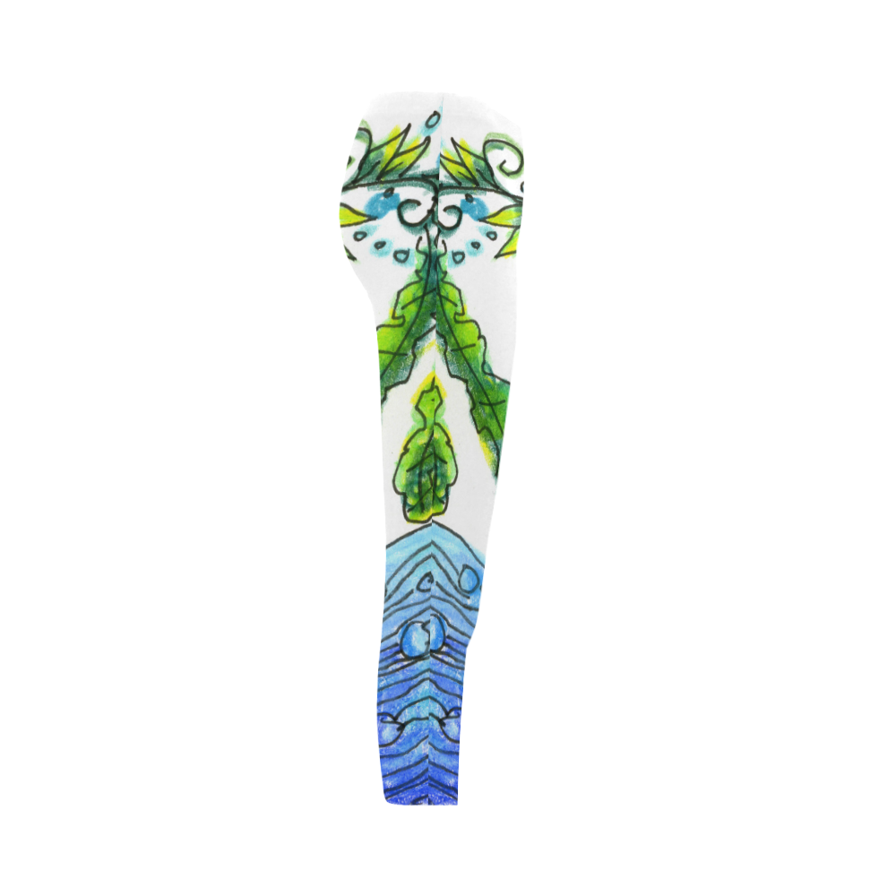 Abstract Blue Green Flowers Vines River Zendoodle Capri Legging (Model L02)