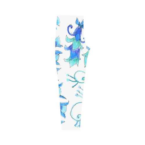 Dancing Aqua Blue Vines, Flowers Zendoodle Garden Capri Legging (Model L02)